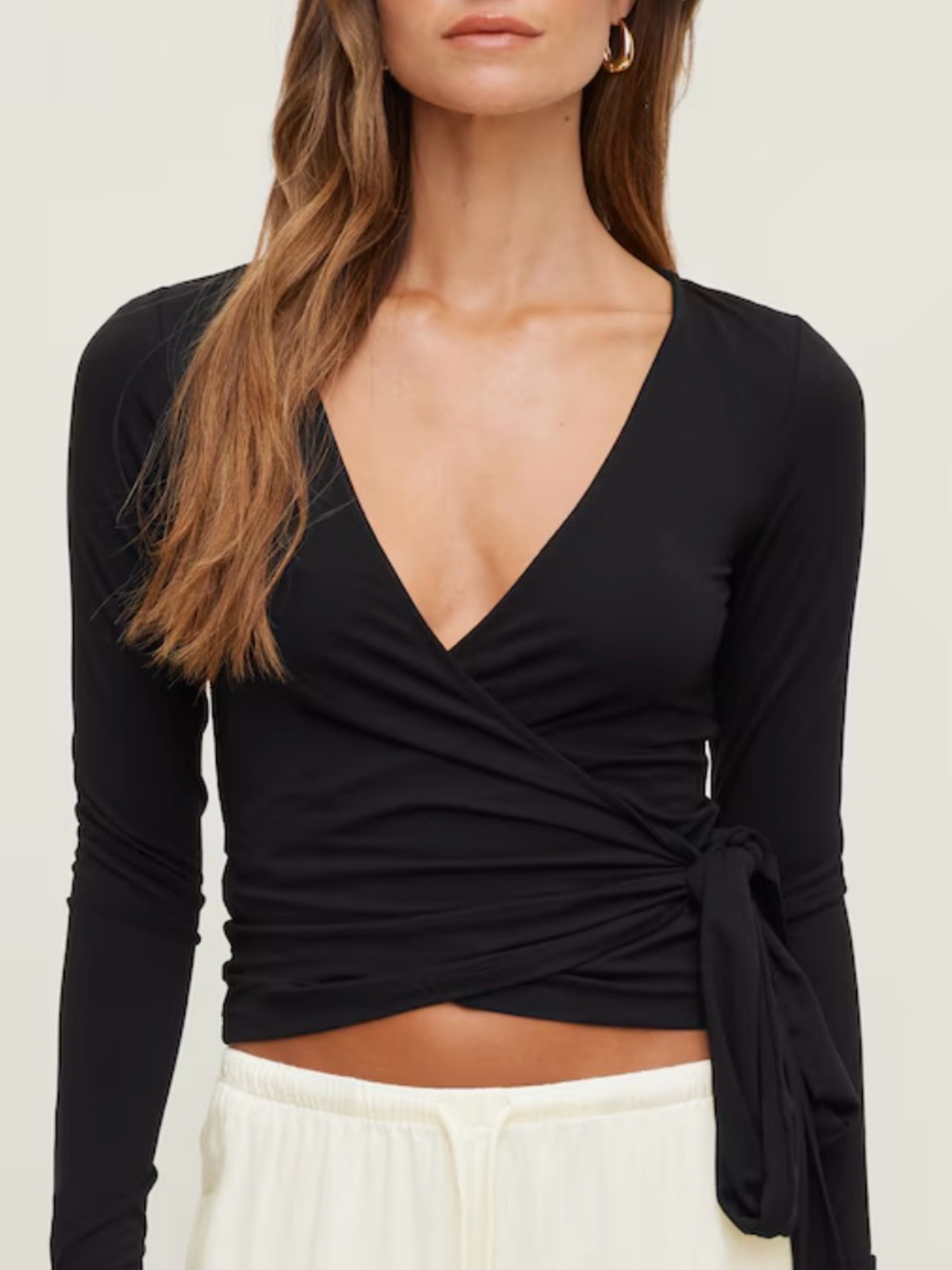 Women's Black V Neck Wrap Around Tie Top